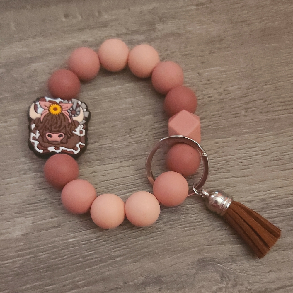 Pink and Brown Key Holder with Tassel and Charms